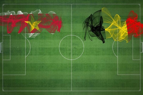 Suriname vs Belgium Soccer Match, national colors, national flags, soccer field, football game,