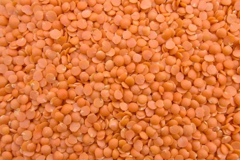 Red Split Lentils in Yellow Bowl, Healthy Legume, Vegan Food, Closeup, Full Frame, Top View