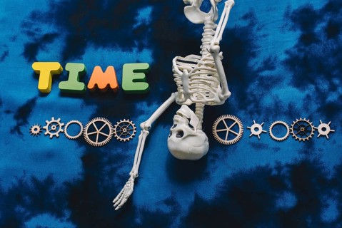 Time wording, cogwheels and artificial skeleton as time concept