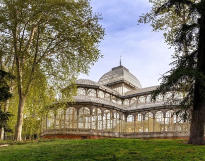Madrid, Spain, 6 April, 2024: view of the Crystal Palace in the El Retiro Park in downtown Madrid,