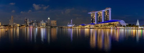Panorama with Waterfront Promenade and Marina Bay Sands hotel complex, Marina Bay, Singapore,