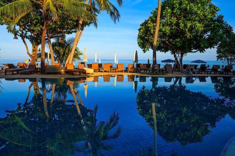 Sunset on the beach resort. An oceanfront pool surrounded by palm trees. Palm trees reflected in