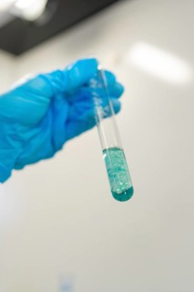 Test tube with blue liquid, held by a person in the laboratory, Youth Research Centre Nagold, Black