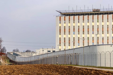 Stammheim prison, JVA. Exterior view with prison wall and barbed wire. Stuttgart,