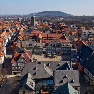City panorama from the market church above the roofs of the old town of Goslar with a view of the