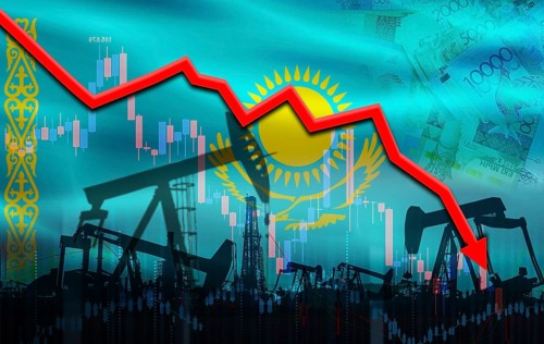 Petrol crisis with Kazakhstan flag on financial graph. Fall oil price with flag of Kazakhstan on