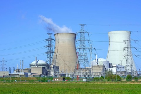 Cooling towers of the Doel Nuclear Power Station, nuclear power plant and high-voltage electricity