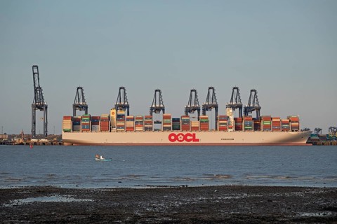 Container ship, container gantry cranes, boats, harbour, Harwich, Suffolk, England, Great Britain