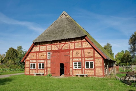 Historic Selmsdorf farmhouse, Klockenhagen open-air museum, historic Mecklenburg village,