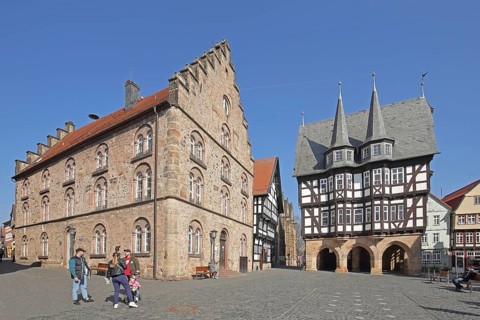 Historic Gothic wine house built in 1539, Renaissance, building with stepped gable, town hall with