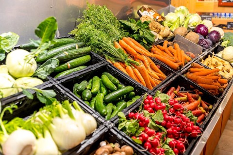 Vegetable counter in supermarket or organic market with cucumbers, radishes, carrots, fennel,
