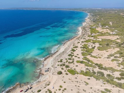 Aerial view of the beach walk at Platja Es Arenals, Playa Migjorn, Formentera, Balearic Islands,