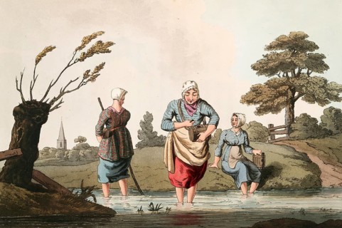 Scene from everyday life in England around 1810, leech seeker in the water, historical, digitally
