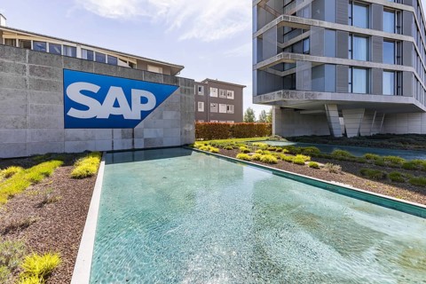Logo and building of the listed software company SAP, headquarters. Walldorf, Baden-Württemberg,