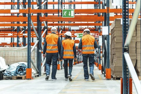 Warehouse workers wearing high visibility vests and hard hats are walking through a logistics