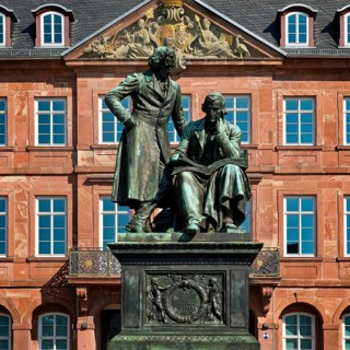 Brothers Grimm National Monument in front of Neustadt Town Hall, German Fairy Tale Route, Hanau,