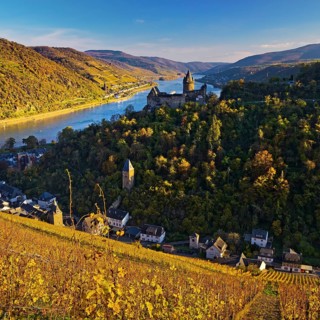 View of Bacharach with Stahleck Castle, hilltop castle above the Rhine, Upper Middle Rhine Valley