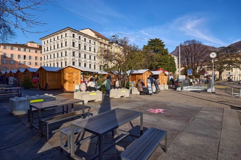 Christmas market in Piazza Manzoni square, Christmas stalls, market stands, outdoor area with