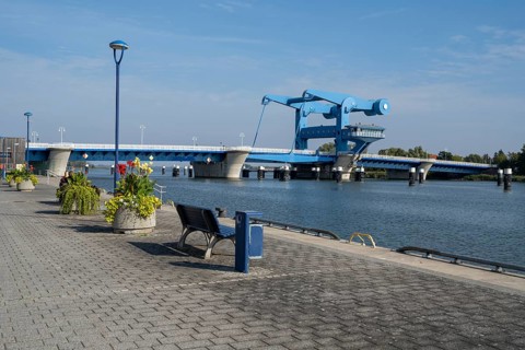 Bascule bridge on the Peenestrom, Waagebalken bascule bridge, Wolgast, Usedom Island,