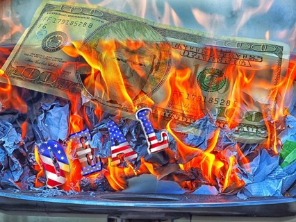 Symbolic image, Donald Trump on 100-dollar note burns in fire, Wall Street and Dax crash, President