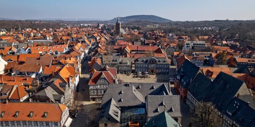 City panorama from the market church above the roofs of the old town of Goslar with a view of the