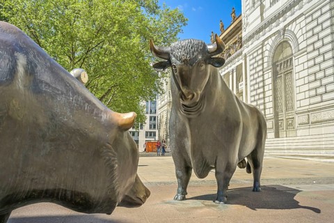 Bronze sculpture, Bull and Bear, German Stock Exchange, Stock Exchange Square, Frankfurt am Main,