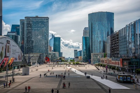 La Defense District in Paris, view from Grande Arche, France