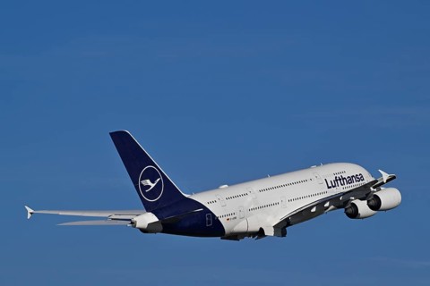 Lufthansa Airbus A380-800 taking off with blue sky and clouds, Runway North, Munich Airport, Upper