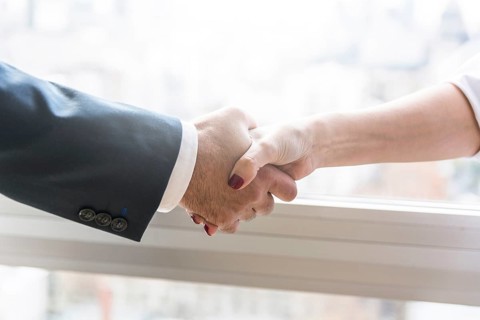 Businesswoman businessman shaking hands