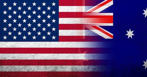 United States of America (USA) national flag with National flag of Australia. Grunge background