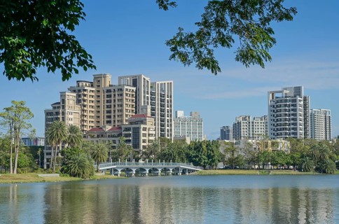 Modern high-rise apartment blocks at Zuoying Lotus Pond in Kaohsiung, Taiwan