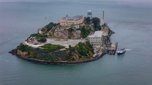 Aerial view of United States Penitentiary, Alcatraz Island, shows a historic maximum-security