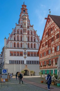 Half-timbered house and late Gothic town hall with early Baroque gable, historic old town, Bad