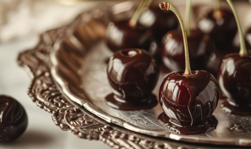 A delectable chocolate-covered cherry served on a silver platter AI generated