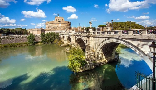 View of the Castel Sant'Angelo and the Angel Bridge on the Tiber in Rome Lazio Italy