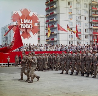 East Berlin, 01.05.1980, Karl-Marx-Allee, march past by members of the combat groups of the GDR, at