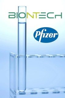 A single syringe, corona vaccine from Biontech and Pfizer, logo, test tubes, laboratory examination