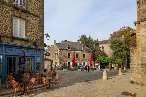 Church square and Rue Vannetaise, medieval town of Guerande, Loire-Atlantique department, Pays de