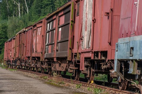 Rusty red freight wagons on a track next to a green forest, Bochum, North Rhine-Westphalia, Germany