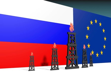 Image relative to gas transit from russia to european union. 3D rendering. Russian and europe