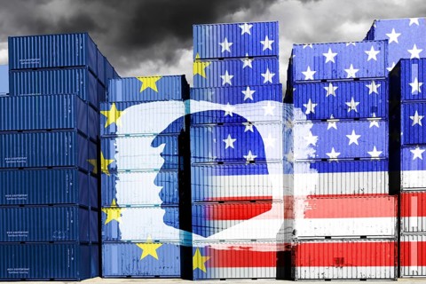 Stacked containers with European and US flags and silhouette of Donald Trump, symbolic photo trade