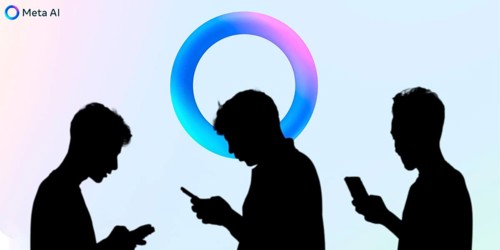Group of business people chat on mobile phone Background META AI logo.
