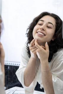 Portrait of a happy woman removing pimples and blackheads from her face in front of the mirror at