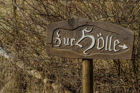 A rustic wooden sign with the inscription 'Zur Hölle' stands at the edge of a thicket, Höllbachtal,