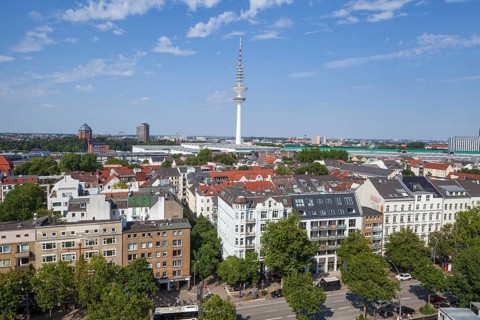 Heinrich Hertz television tower, exhibition halls and residential buildings in the