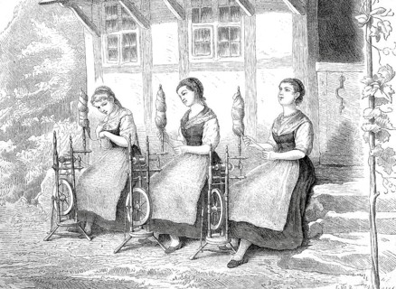 Three girls sitting in front of a house, with spinning wheel, spinning wool, around 1870,
