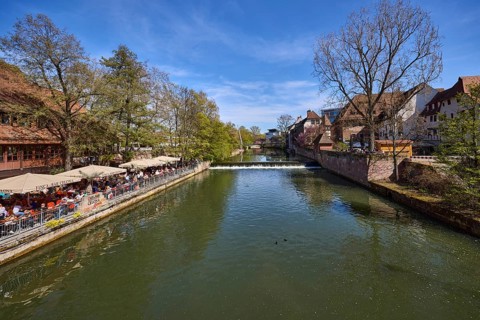 River Pegnitz, weir, trees, general architecture, outdoor area, gastronomy, Cafe and Bar Celona,