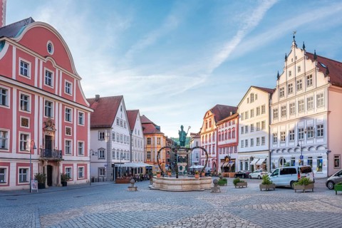 Market square with Willibald's Fountain with statue of missionary and Bishop Willibald, Eichstätt,