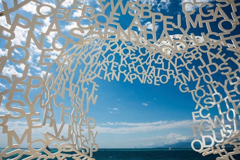 Sculpture made of letters, Le Nomade, artist Jaume Plensa, Antibes, Provence Alpes Côte d'Azur,