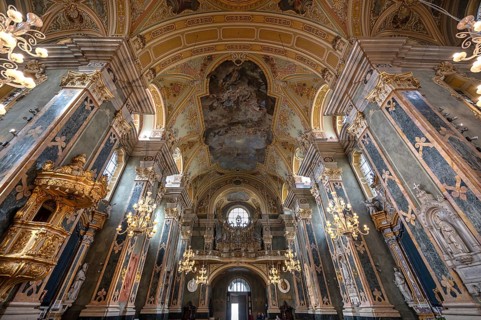 Interior with organ gallery of Bressanone Cathedral, Cathedral Square, Bressanone, South Tyrol,